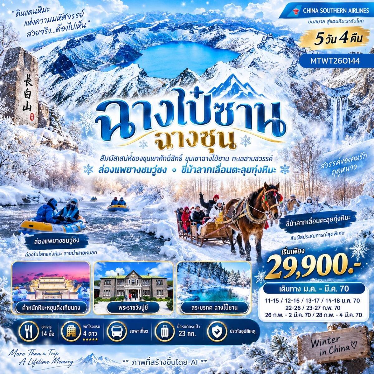 ทัวร์จีน เที่ยวเขาฉางไป๋ซาน ล่องแพยางชมเกล็ดหิมะวู่ซง ขี่ม้าลากเลื่อนเหล่าหลี่เค่อหู - บริษัท แองเจิลออนทัวร์ จำกัด